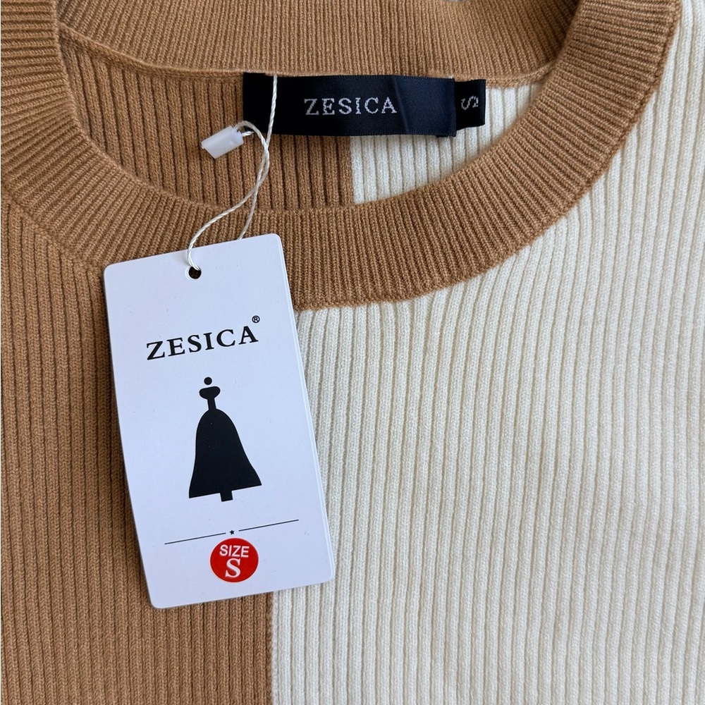 Colorblock Ribbed Knit Midi Dress in Camel & Cream - Picture 3 of 3
